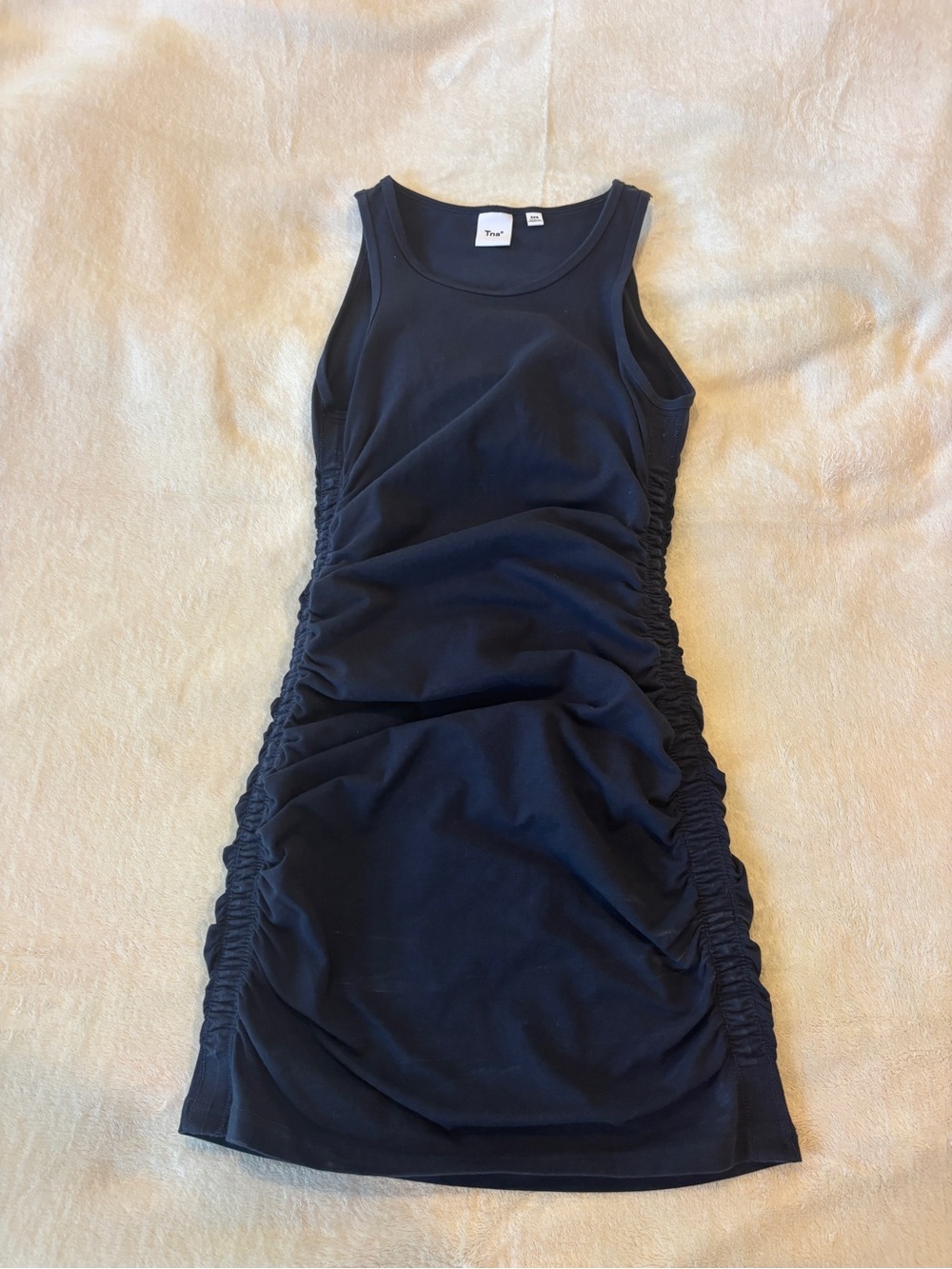TNA Aritzia navy blue ruched mini dress